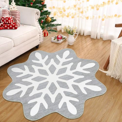 Christmas Snowflake Round Rug 4ft Grey Washable Non-Slip Low Pile Carpet for Living Room