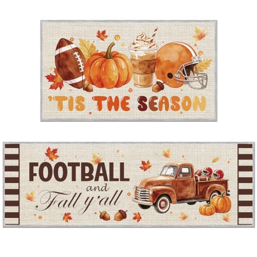 Fall Football Pumpkin Kitchen Rugs Set - 16x28 Inch, 2 Pieces