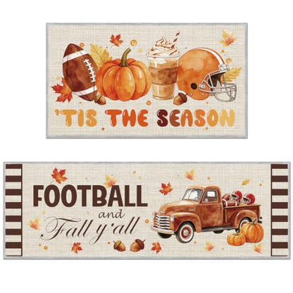 Fall Football Pumpkin Kitchen Rugs Set - 16x28 Inch, 2 Pieces