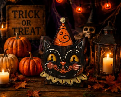 Halloween Wooden Signs Set - Black Cat & Pumpkin Indoor Decor - Variation A