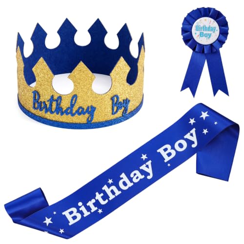 Blue Crown Set for Birthday Celebration - King Crown Hat with Sash & Badge