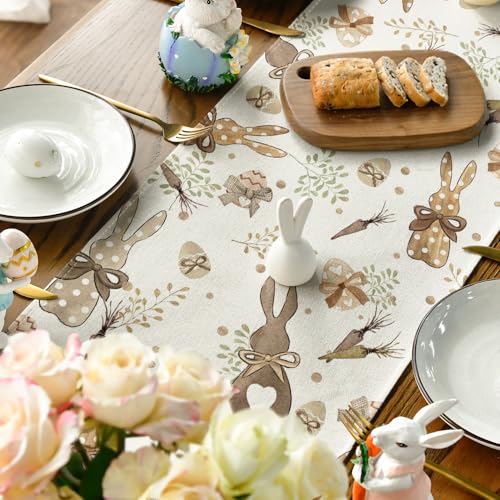 Spring Bunny Rabbit Easter Table Runner 13x72 Inch Beige Home Decor