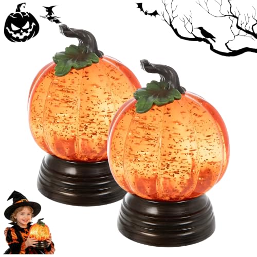 Glitter Lighted Pumpkin Snow Globe - 2PCS Halloween Fall Decor with Warm Orange LED