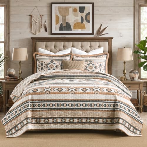 Queen Size Cotton Quilt Set with 2 Pillow Shams - Southwestern Aztec Design