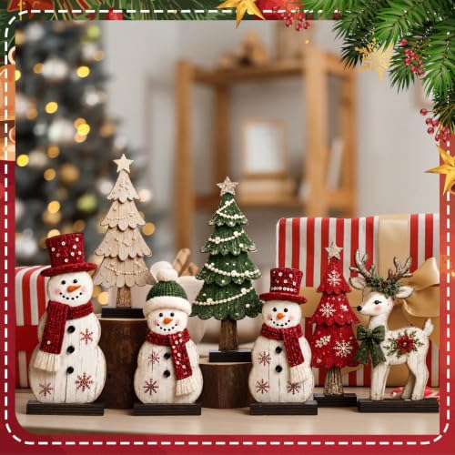 7 Pcs Christmas Wooden Snowman Tree Reindeer Table Decor Set - Red & Green