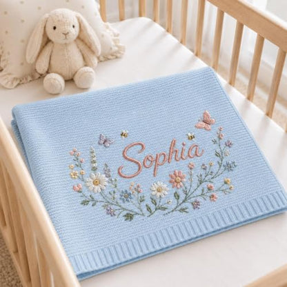 Personalized Baby Blanket - Soft Breathable Cotton Knit with Embroidered Name, Style 7 - Newborn Gift & Baby Shower Present