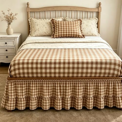 Brown and White Gingham Bed Skirt with Ruffles, 16-Inch Drop