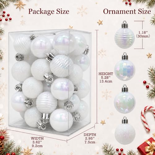 Mini Christmas Ball Ornaments 36 Pack White Rainbow Iridescent 1.2 Inch