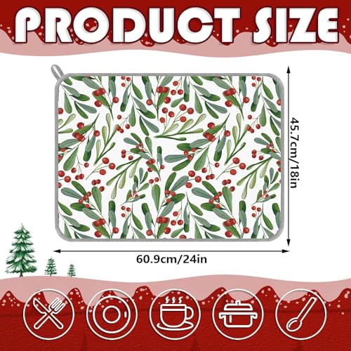Christmas Dish Drying Mat Holly Berry Holiday Kitchen Decor 18x24 Inch
