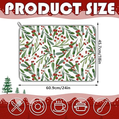 Christmas Dish Drying Mat Holly Berry Holiday Kitchen Decor 18x24 Inch