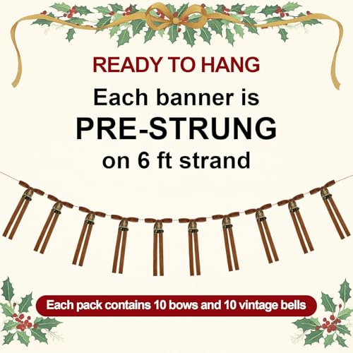 Khaki Christmas Jingle Bell Garland with Bows - Rustic Holiday Decor