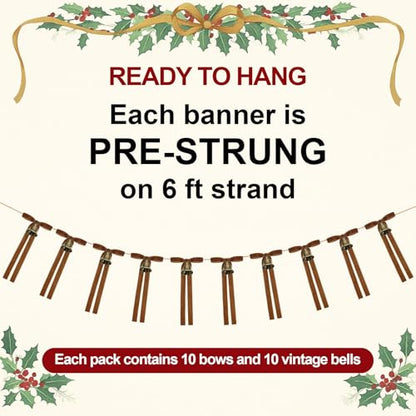Khaki Christmas Jingle Bell Garland with Bows - Rustic Holiday Decor