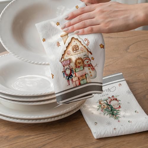 Christmas Kitchen Towels Set of 2 - Santa Reindeer Snowman Holiday Dish Towels - White04