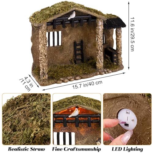 Fovths 7 Inch Lighted Nativity Stable Manger Figurine Set - 17 Pieces for Christmas Decor