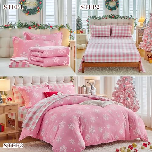 Christmas Bed in a Bag Twin Set with Snowflakes - Pink & White Holiday Bedding