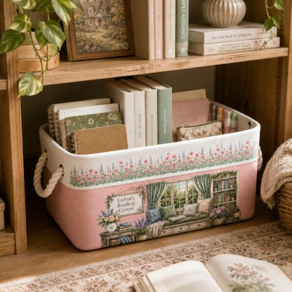 Personalized Book Storage Bin with Custom Name and Reading Corner Design - 01