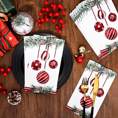 Christmas Disposable Paper Napkins with Pine Cone & Ornament Design - 100 Pack