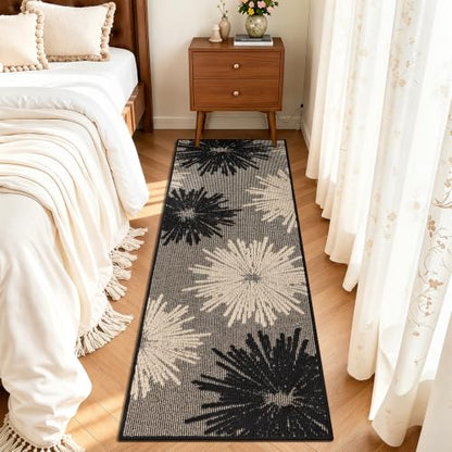 Findosom 2x6 Textured Floral Hallway Runner Rug Non Slip Black & Beige