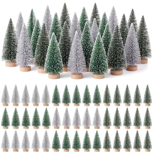 Mini Christmas Tree Bottle Brush Set - 48 Pcs, 1.8 Inch, Sage Green, Evergreen, Silver
