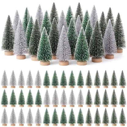 Mini Christmas Tree Bottle Brush Set - 48 Pcs, 1.8 Inch, Sage Green, Evergreen, Silver