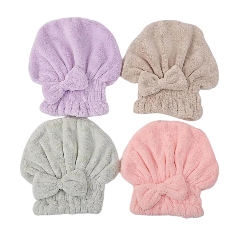 Women's 4-Piece Bow Decor Shower Cap and Hair Towel Wrap Set - Reusable Ultra-Absorbent Coral Fleece, Travel-Friendly Self Care
