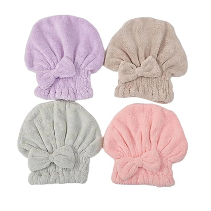 Women's 4-Piece Bow Decor Shower Cap and Hair Towel Wrap Set - Reusable Ultra-Absorbent Coral Fleece, Travel-Friendly Self Care