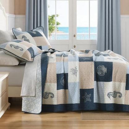 PERHOM Reversible Nautical Cotton Quilt Set Queen Navy Blue Light Blue Beige 98x90