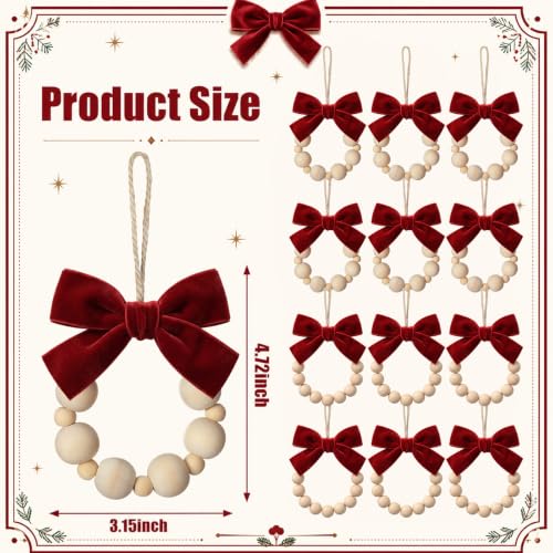 12 Pcs Rustic Wood Bead Wreath Christmas Ornaments with Velvet Bow