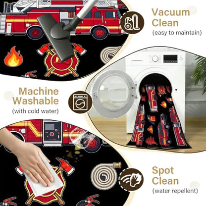 Fire Engine Theme Area Rug for Kids Playroom 4x5ft - Red Firefighter Rescue Carpet