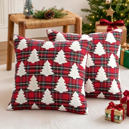 Christmas Pillow Covers 20x20 Set of 2 - Red Tartan & Tufted Tree Farmhouse Decor