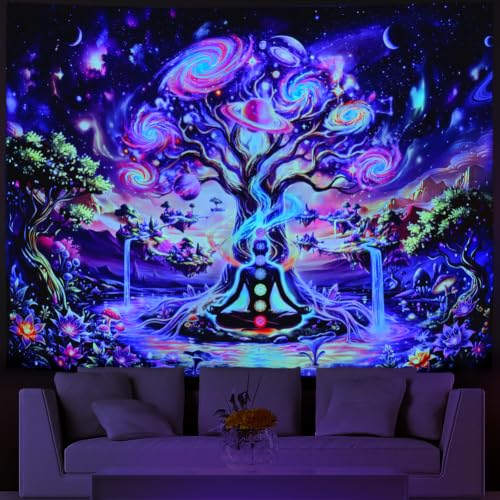 Pink Nebula Chakra Tree of Life Tapestry UV Reactive Space Wall Hanging - 59.1 x 51.2 inches