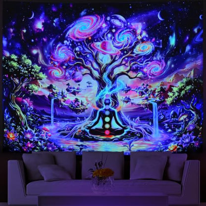 Pink Nebula Chakra Tree of Life Tapestry UV Reactive Space Wall Hanging - 59.1 x 51.2 inches