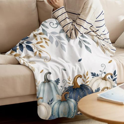 Fall Thanksgiving Throw Blanket - Teal Blue White Pumpkin 40x50 Inches - Autumn Leaf Branches