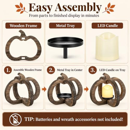 Wood Pumpkin Lantern Decor with LED Candle - Fall Table Centerpiece