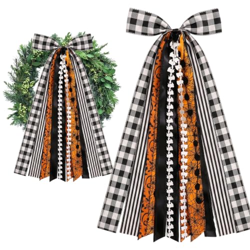 Halloween Ribbon Bow Set for Wreaths and Decor - Orange Black Dot Spider Web Fabric, Halloween Style2