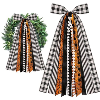 Halloween Ribbon Bow Set for Wreaths and Decor - Orange Black Dot Spider Web Fabric, Halloween Style2