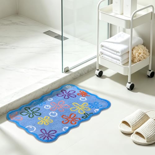 Cartoon Bubble Bath Rug Set Non-Slip Floral Bathroom Mat - Blue