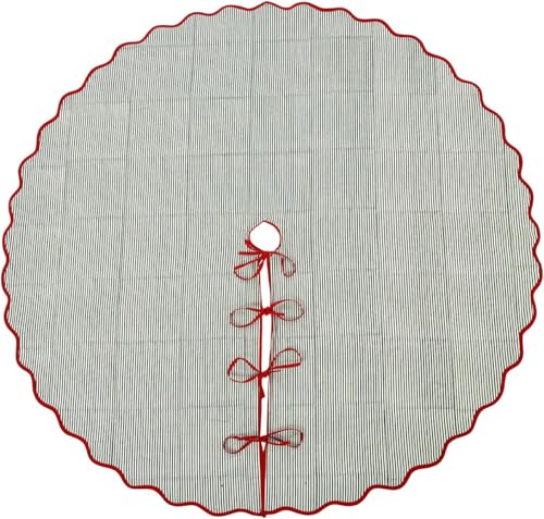 Ridhi Hand Block Printed Cotton Christmas Tree Skirt - Green Red Stripe, 40 Inch