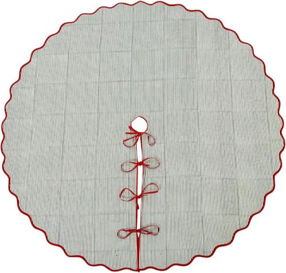 Ridhi Hand Block Printed Cotton Christmas Tree Skirt - Green Red Stripe, 40 Inch