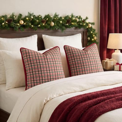 Christmas Plaid Pillow Cover 18x18 with Velvet Piping - Red, Kevin Textile Variation C-Red/18"