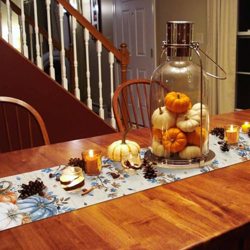 Fall Navy Blue Pumpkin Table Runner 13x36 Inches - Rustic Thanksgiving Decor