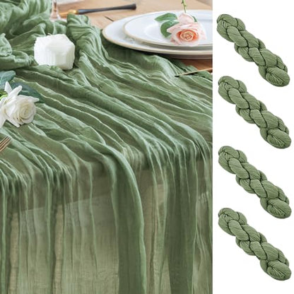 Sage Green Cheesecloth Table Runner - 10FT Boho Gauze for Weddings and Holidays - 4 Pack