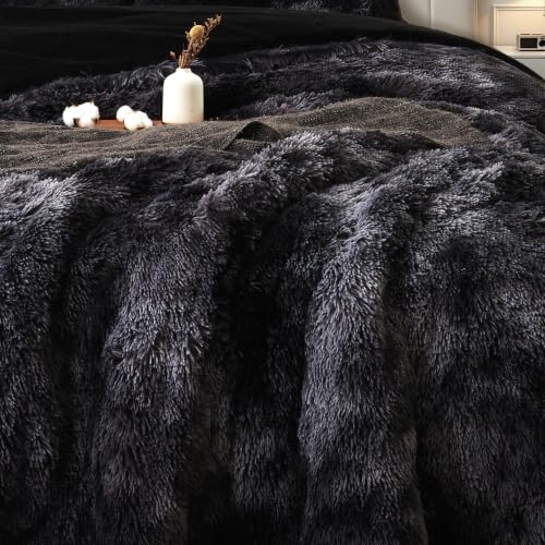 Long Shag Faux Fur Comforter Set - Full Size Black Fluffy Bed Bedding with Tie-Dye Option