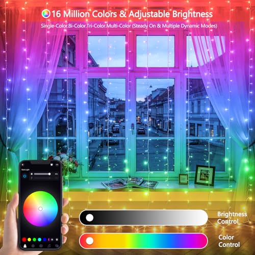 RGB Curtain Lights 300 LEDs 9.8×9.8FT Color Changing String Lights with Remote & App Control