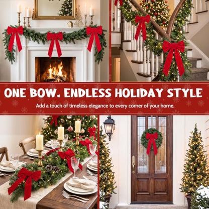 12PCS Velvet Red Christmas Bows for Holiday Decor 13x9 Inches