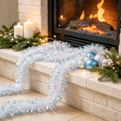 6.5FT Iridescent Christmas Tinsel Garland - Glitter Foil Holiday Decorations