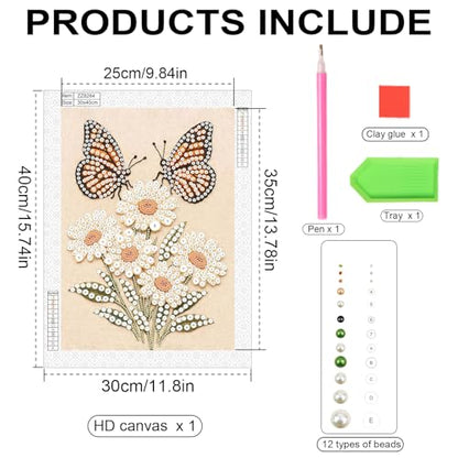 Pearl Butterfly Diamond Painting Kit for Adults and Beginners - Flower Variation, 12x16 Inch Home Wall Decor