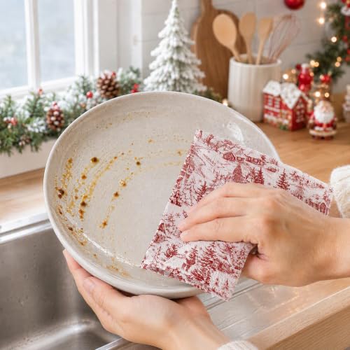 Christmas Santa Disposable Paper Napkins 100 Pack - Red Toile Winter Village Design, 2-Ply Absorbent Holiday Tableware