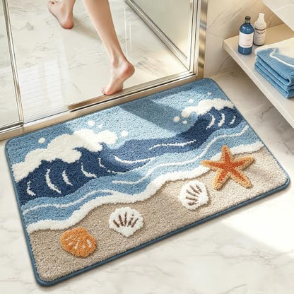 Divtada Coastal Sea Cloud Beach Bath Mat 20x32 Inches - Ocean Wave Starfish Rug