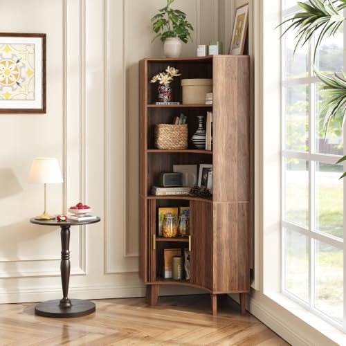 Tall Corner Cabinet with Fluted Doors - Walnut Oak-1 5-Tier Storage